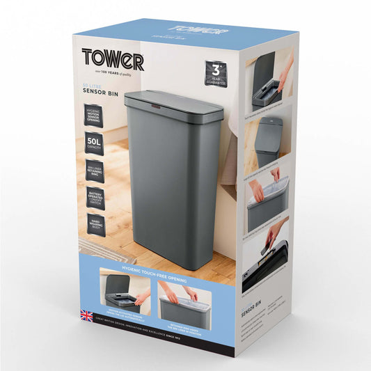 Tower 50L Grey Rectangular Sensor Bin
