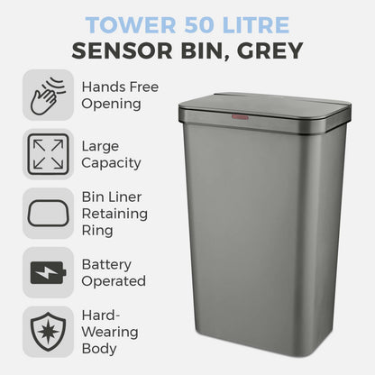 Tower 50L Grey Rectangular Sensor Bin