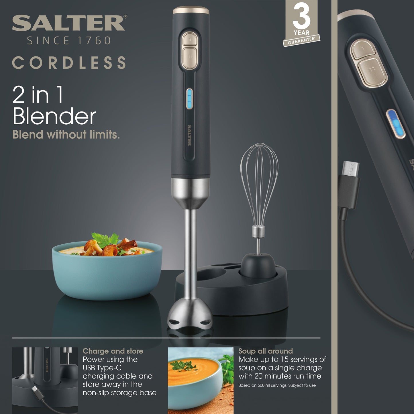 Salter Grey and Gold 2-in-1 Cordless Blender