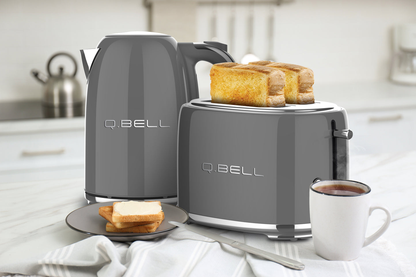 Q Bell Grey Kettle and Toaster Set